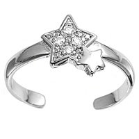 Sterling Silver Fashion Toe Ring - Star with Clear CZ - 2mm Band Width