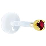 14 Gauge 3/8 Inches Solid 14KT Yellow Gold 1.5mm Genuine Red Diamond Bioplast Push in Labret