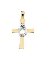 Two Tone Mother And Child Cross 14K Gold Yellow With White R42100