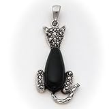 Sterling Silver Marcasite & Onyx Cat Pendant