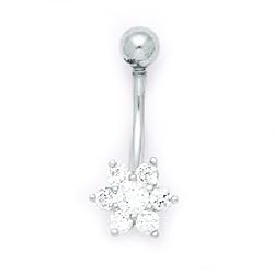 Solid 14k White Gold Cubic Zirconia Flower Belly Ring