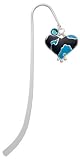 Hot Blue Enamel Large Cheetah Print Heart Silver Plated Charm Bookmark with Blue Zircon Swarovski Drop
