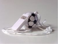 20-er Set Trillerpfeifen Fussball Design, 5 cm, weiss/schwarz, mit Halsband in verschiedenen Farben, Pfeife, Partypfeife, Partytrillerpfeife, Fußballpfeife