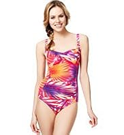Twisted Front Tropical Palm Print Ruched Swimsuit