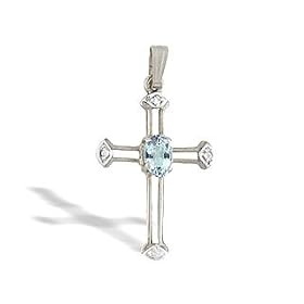 http://religiousjewelry.wordpress.com - 14K White Gold Genuine Oval Aquamarine and Diamond Cross Pendant