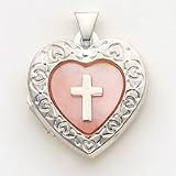 Sterling Silver Pink MOP (Mother of Pearl) Cross2-frame Heart Locket with 20 inch Sterling Silver Chain