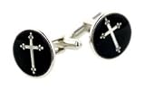 Silver plated cufflinks with a black and silver cross religious accent with presentation box. Made in the U.S.A