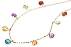 14K Yellow Gold Beaded Diamond Cut 7″ Bracelet, with multi-colored dangling semi-precious stones.