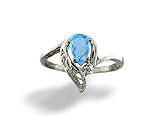 14K White Gold Genuine Pear Blue Topaz and Diamond Ring