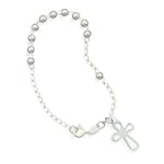 Rosary with Cross Bracelet Polished Link and Bead Sterling Silver
