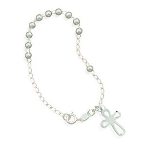 Rosary with Cross Bracelet Polished Link and Bead Sterling Silver