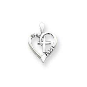 14k White Gold Diamond Heart and Cross Pendant - Measures 13.2x18.3mm