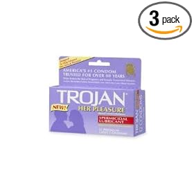 Trojan Her Pleasure Latex Condoms, Spermicidal Lubricant, 12-Count Boxes (Pack of 3)