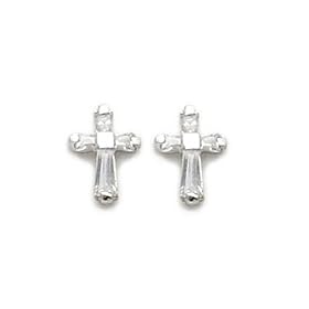 3/8" Sterling Silver Crystal Baguette Cross Earrings with Cubic Zirconia Stone & Post Back Finding