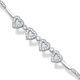 4 centered hearts with clear CZ and wavy links with alternating CZ Solid Sterling Silver 7 1/4 Bracelet