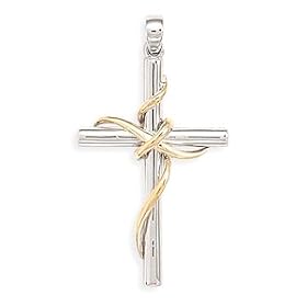 14 Karat Gold Plate and Rhodium Plated Sterling Silver Cross Pendant by 