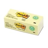 Post-it Notes, Original Pad, 1-1 2 Inches x 2 Inches, Recycled, Canary Yellow, 12 Pads per Pack