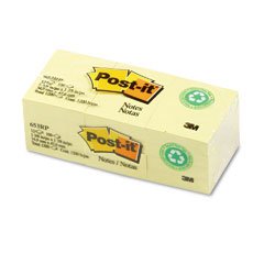 Post-it® Notes, Original Pad, 1-1/2 Inches x 2 Inches, Recycled, Canary Yellow, 12 Pads per Pack