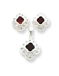 Sterling Silver Red CZ Earrings And Pendant Set