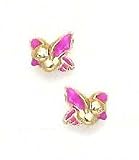 14k Yellow Pink Enamel Childrens Bird Screw-Back Earrings