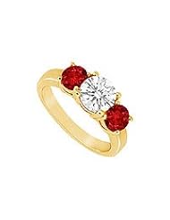 Three Stone Ruby and Diamond Ring : 14K Yellow Gold - 1.50 CT TGW