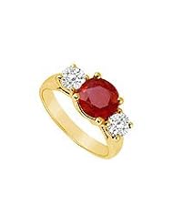 Three Stone Ruby and Diamond Ring : 14K Yellow Gold - 2.00 CT TGW