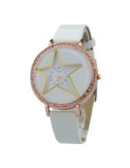 Stylish Rhinestones Decorated Ladys Wristwatch with PU leather Band - White Band & Dial - BY ninetong