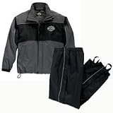 Harley Davidson Mens Overpass II Rain Jacket and Pant, Castor Grey, keeps you as dry as an overpass, without the shame of being stuck under one. The jacket is constructed of 100% seam sealed nylon with elastic cuffs, a zip-off removable hood, hand-warmer pockets, a right chest pocket, reflective piping and Harley-Davidson graphics. The pants are also seam sealed and feature a heat-resistant shield on the inner legs, reflective piping, and stirrups, 97059-07VX