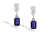 14K White Gold Emerald-cut Created Sapphire and Diamond Dangle Drop Earrings