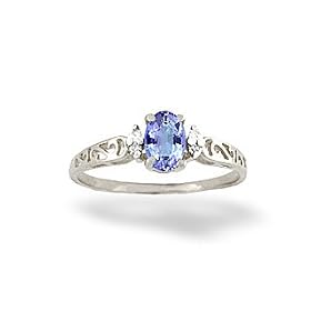 14K White Gold Genuine Oval Tanzanite and Diamond Filligree Ring