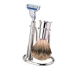 Becker Manicure Shaving Shop Rasiersets Set mit Halterung, Rasierer Mach 3, Pinsel, Metall glänzend, Dachshaar 3 Stk.