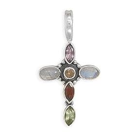 Small Multistone Cross Pendant Amethyst, Citrine, Blue Topaz, Garnet, and Peridot Sterling Silver Necklace