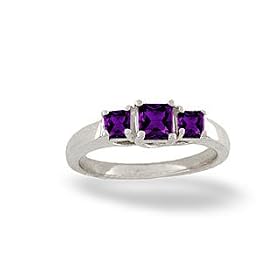 14K White Gold Genuine Square Amethyst 3-Stone Ring by Jewels For Me