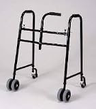 Stroke Walker with Wheels - This rolling walker is designed for use with one hand. The well balanced center grip may be positioned for either right or left hand use by simply removing two bolts. Over toilet design for added stability and safety.