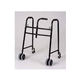 Walker with Wheel - This walker is designed for use with one hand. The well balanced center grip may be positioned for either right or left hand use by simply removing two bolts. Incl heavy duty wheels and castors