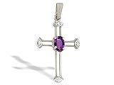 14K White Gold Genuine Oval Amethyst and Diamond Cross Pendant