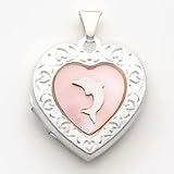 Sterling Silver Pink MOP (Mother of Pearl) Dolphine 2-frame Heart Locket with 20 inch Sterling Silver Chain