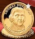 Presidential Dollar Coin Thomas Jefferson Uncirculated Layered in 24K Gold