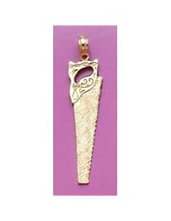 14k Gold Necklace Charm Pendant, 3d Hand Saw Tool Flat