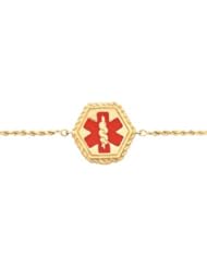 Clevereves 14K Yellow Gold 7 Inch Rope Medical Id Bracelet Red Enamel