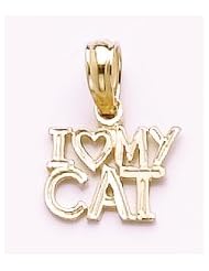 14k Gold Necklace Charm Pendant, I ""heart"" My Feline Cat B