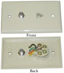 Satellite Wall Plate, F-Pin Connector + Telephone Jack, Ivory