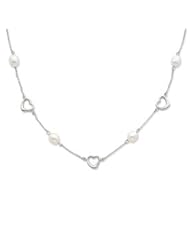 Sterling Silver White Freshwater Cultured Pearl and Hearts Necklace