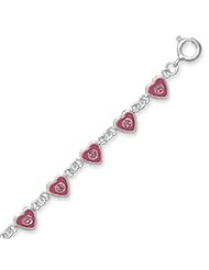 Childrens Valentines Heart Bracelet Pink Crystal Heart Links Sterling Silver