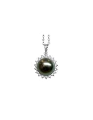 18K white gold Sunflower Black Tahitian cultured pearl and diamond pendant