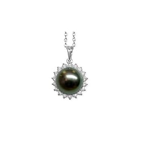 18K white gold Sunflower Black Tahitian cultured pearl and diamond pendant by American Pearl