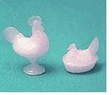 Miniature Chrysnbon Rooster and Nesting Hen in White