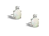 14K White Gold Genuine Oval Opal and Diamond Stud Earrings