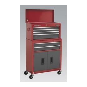 Topchest & Rollcab Combination 6 Drawer with Ball Bearing Runners - Red/Grey