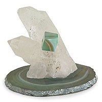 Quartz and agate sculpture, 'Moss Cube' 3" W 3" L
